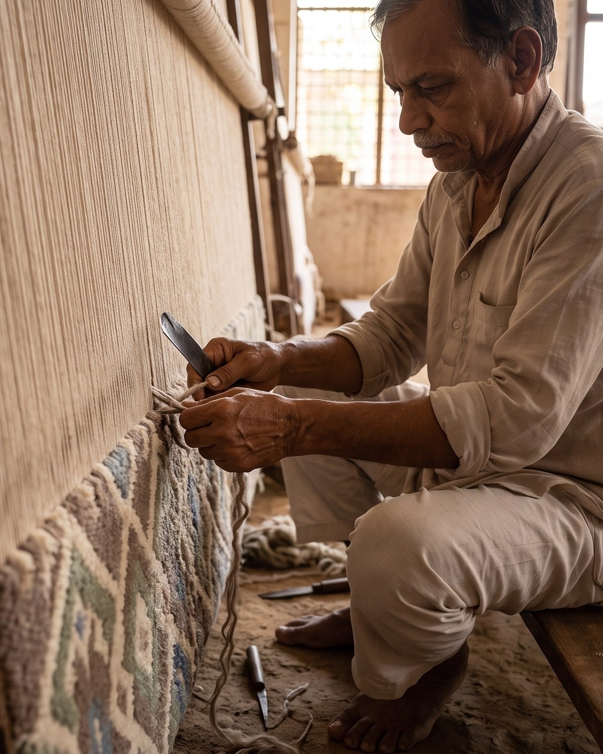 An artisan hand-tufting a rug in Bhadohi, India