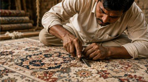 Artisan hand-carving the pile of a rug to add texture and depth