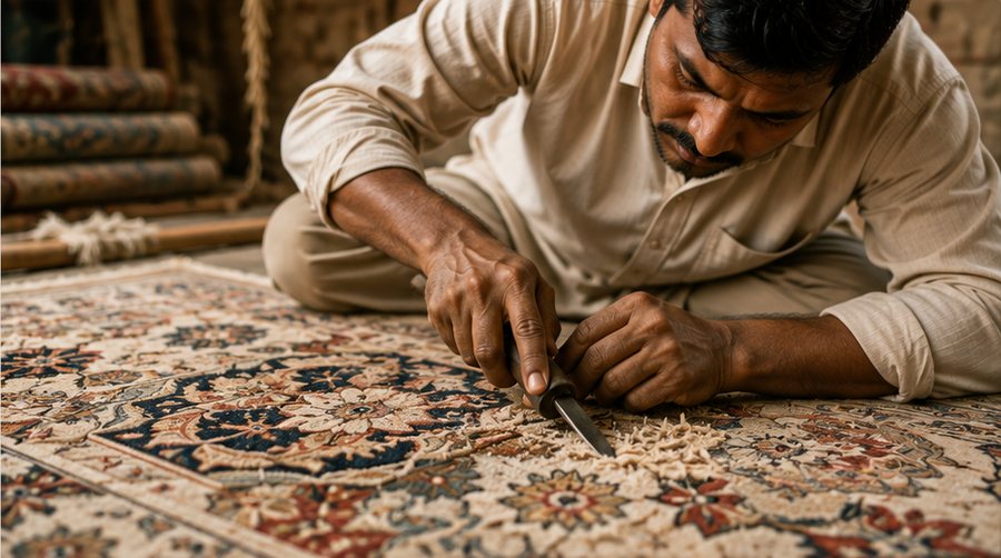 An artisan hand-carving the pile of a rug to add texture and depth