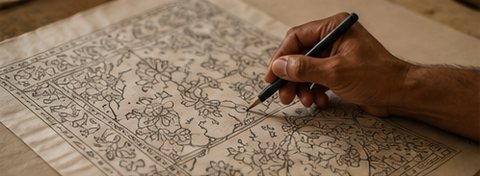 Artisan hand-drawing a rug pattern before tufting begins