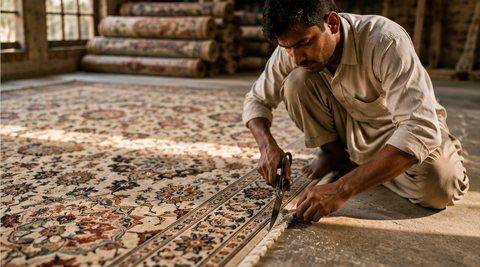 Artisan hand-trimming the edge of a finished rug