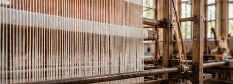 Wool yarn stretched on a traditional loom in Bhadohi