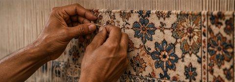 Artisan hand-knotting a rug on the loom, tuft by tuft