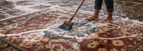 Finished rug being hand-washed to set the pile and colour