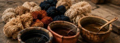 Hand-selected wool yarns and natural dye pots used for House of Souravi rugs