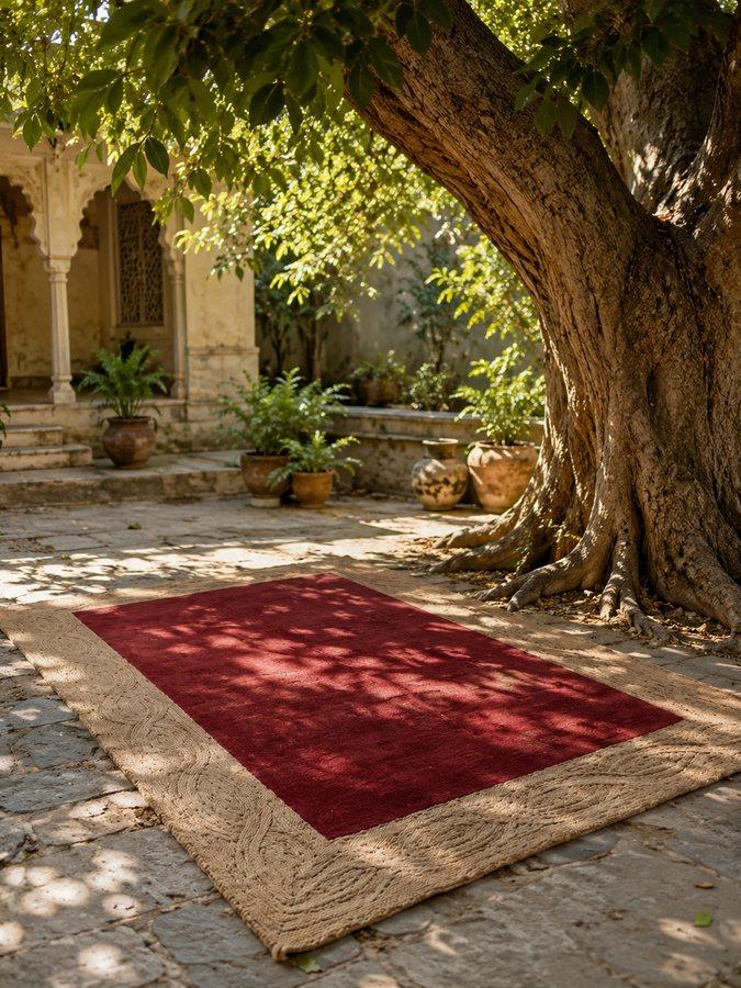 Wine Braid rug laid beneath an old tree in a traditional Indian courtyard