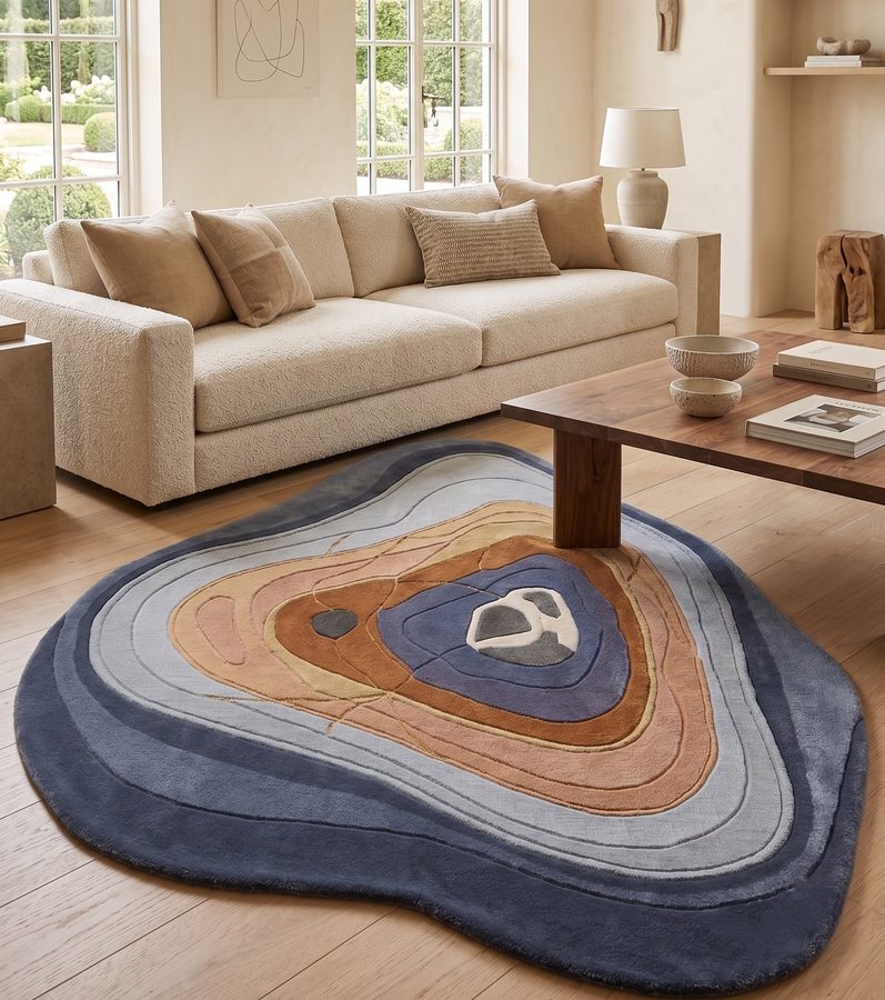 A rug placed on a living room floor using the Room Visualizer