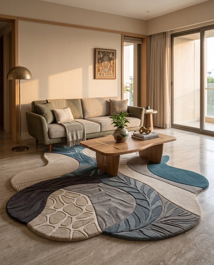 Hand-tufted rug in a contemporary Indian living room with traditional art