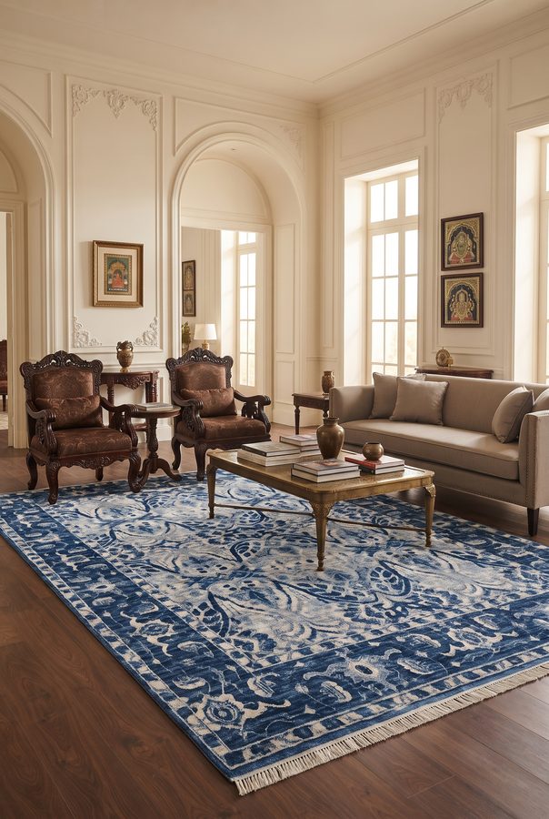 Indigo Patina — shown in a Bhadohi setting