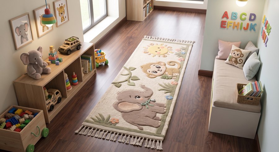 Jungle Friends kids runner in a playroom hallway