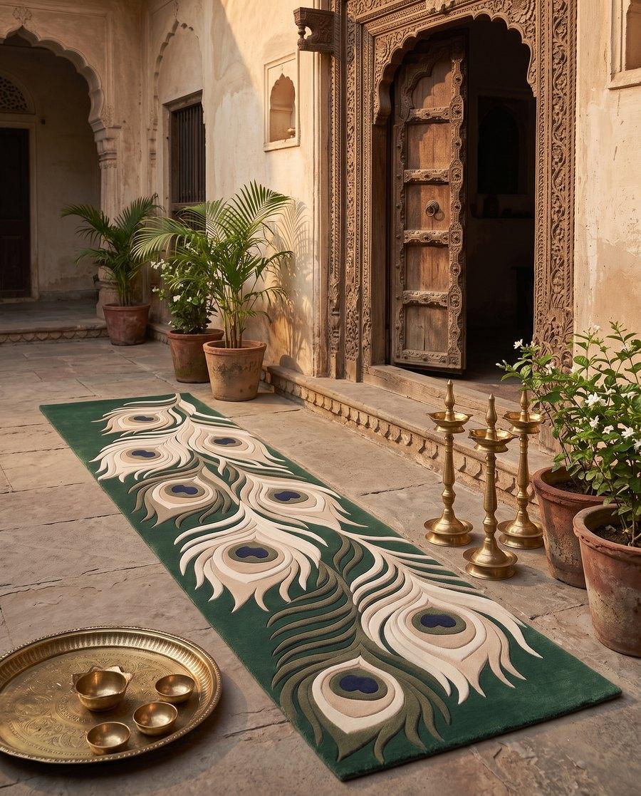 Peacock Feather Trail runner at a courtyard doorway