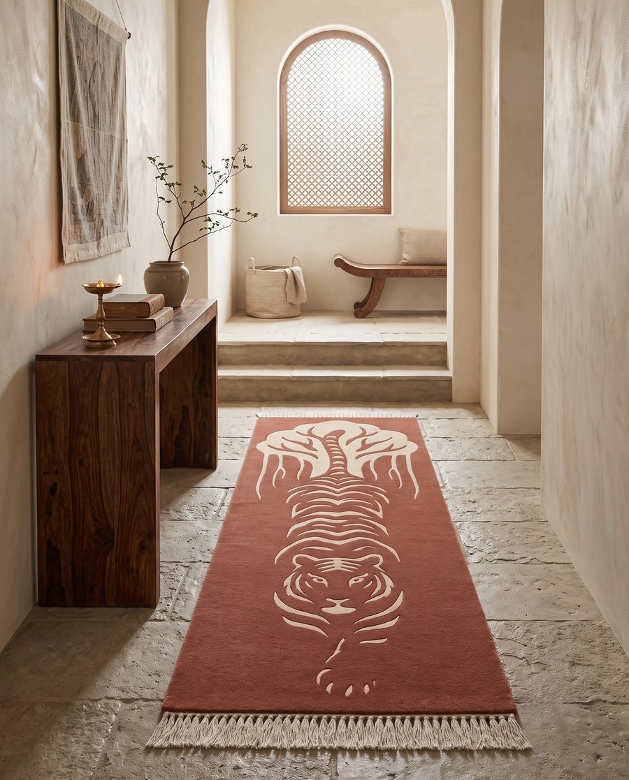 Prowling Tiger runner in a sunlit archway hallway