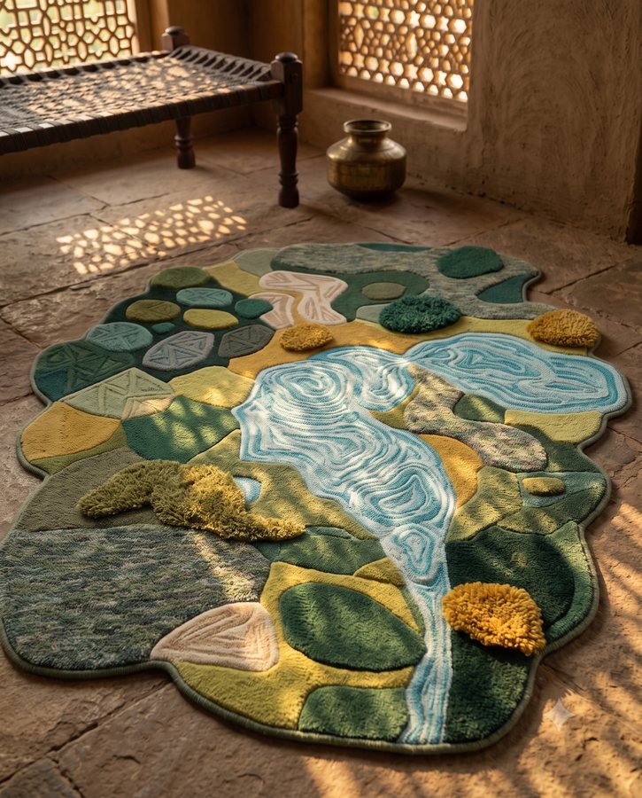 Hand-tufted rug in a traditional Indian interior with a charpai and jaali screen