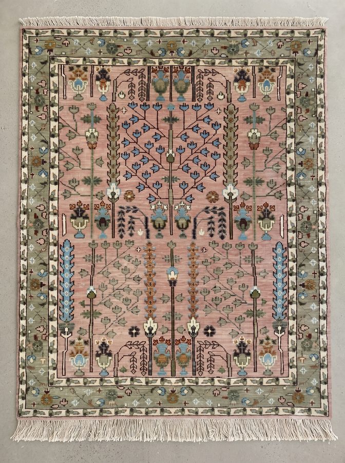 Rosewood Grove — hand-knotted tree-of-life rug in sage and sky blue on blush