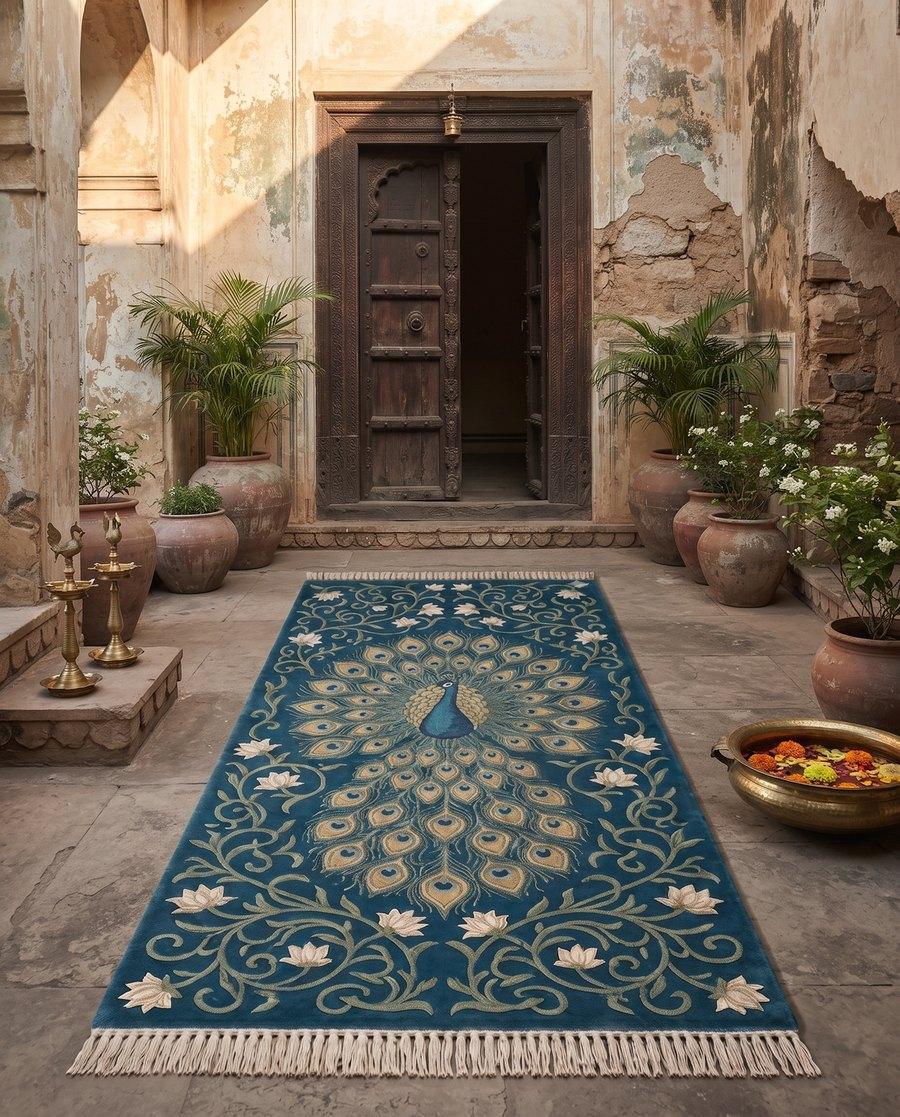 Royal Peacock Vine runner laid before a carved courtyard doorway