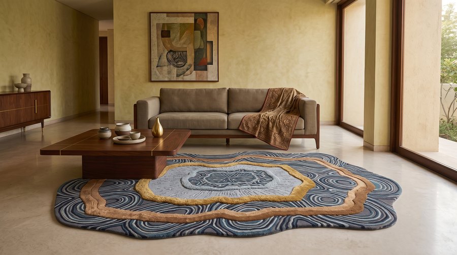 Slate Agate rug in a warm, ochre-walled living room