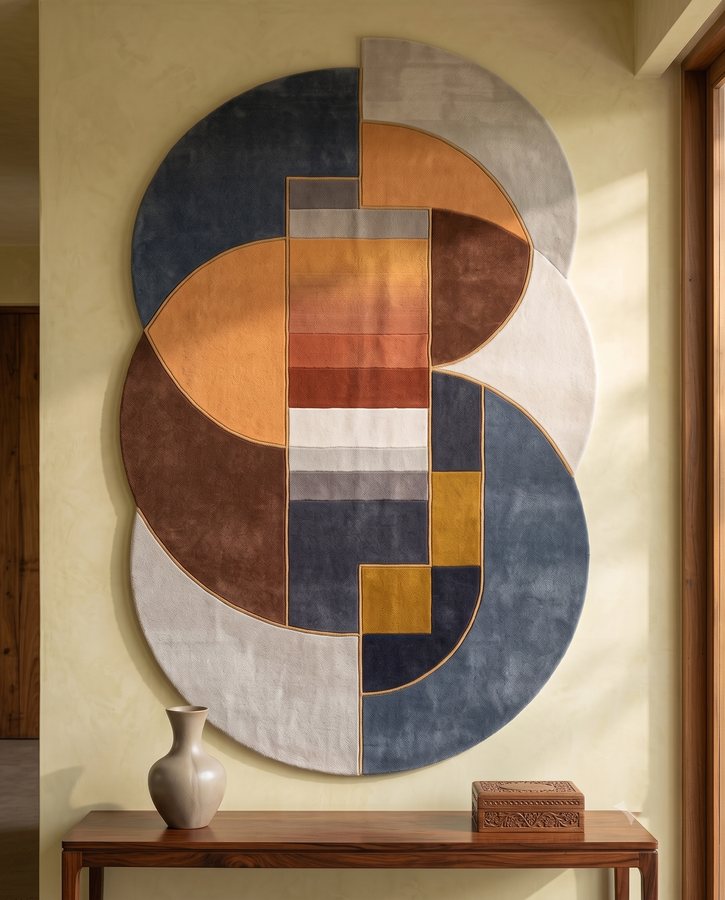Hand-tufted rug hung as wall art in an Indian entryway