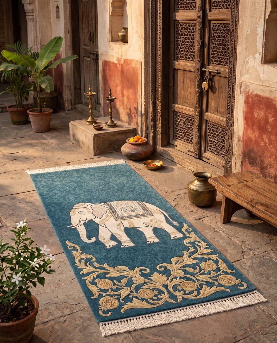 Teal Elephant Brocade runner at a courtyard entrance