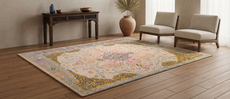 Golden Pastel Medallion — hand-tufted rug, Diwali sale