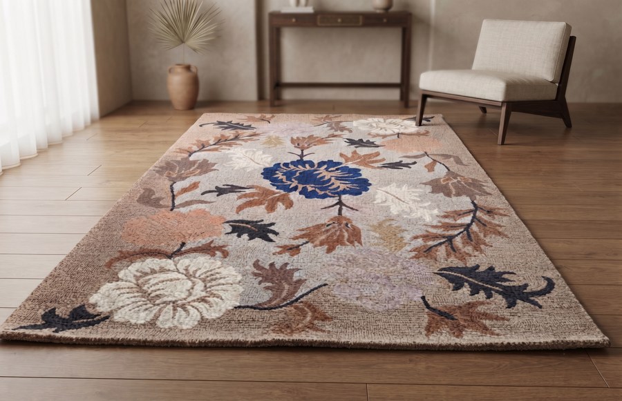 Navy Floral Bouquet — hand-tufted rug, Diwali sale