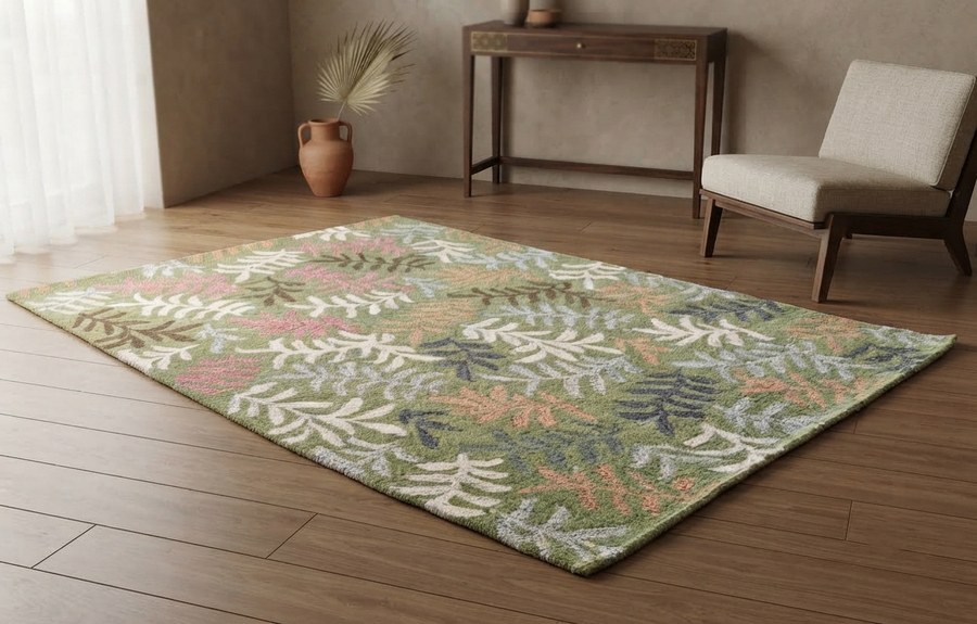 Sage & Pink Floral Scatter — hand-tufted rug, Diwali sale