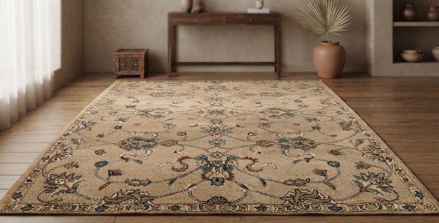 Golden Floral Bouquet — hand-tufted rug, Diwali sale