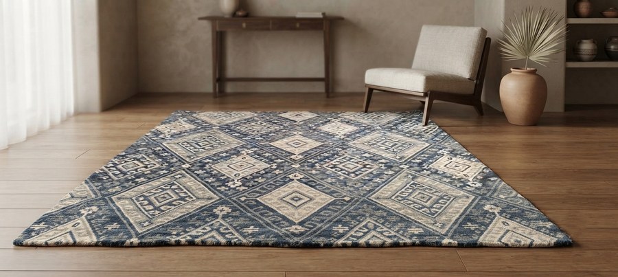 Navy Diamond Geometric — hand-tufted rug, Diwali sale