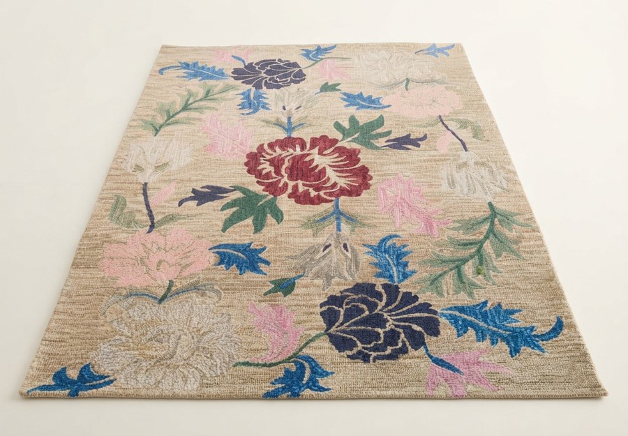 Rose & Blue Bouquet — hand-tufted rug, Diwali sale