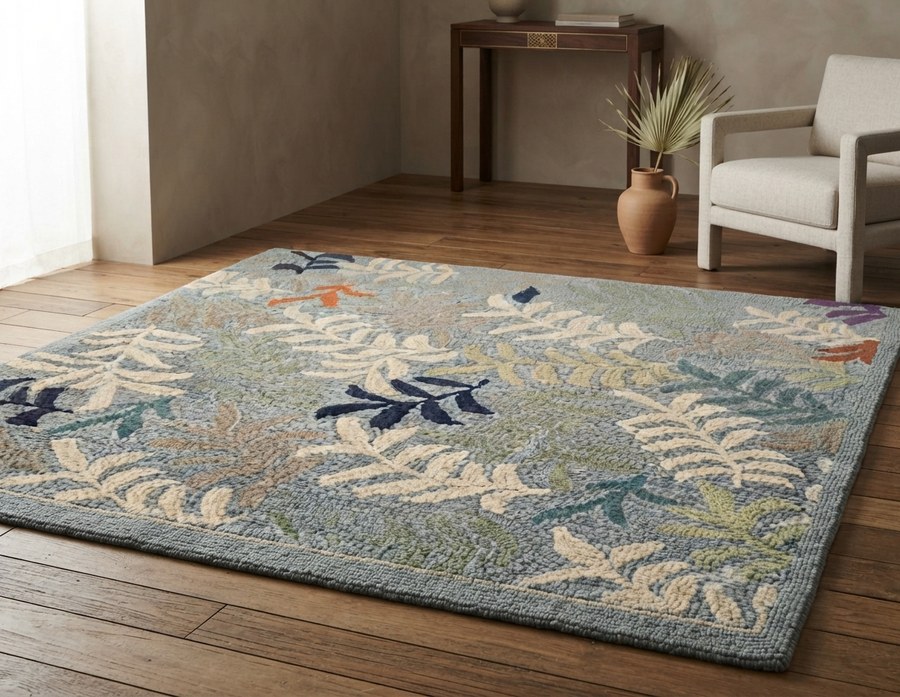 Rust & Sage Fern Scatter — hand-tufted rug, Diwali sale